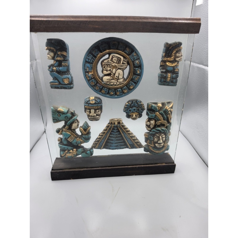 Vintage Aztec Mayan Style 3D Shadow Box Glass Wood Mexican Folk Art Decor